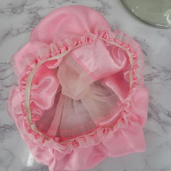 Vintage Bonnet Satin Sleep Cap Pink and White - Picture 2 of 7